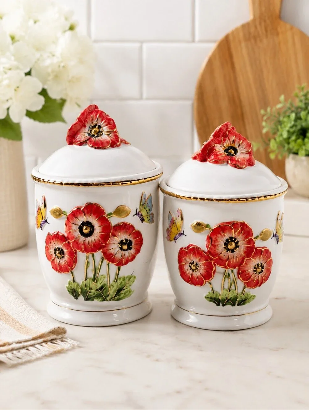 Hand Painted Ceramic Poppy Canister Set Gold Trim Floral Kitchen Storage Jars